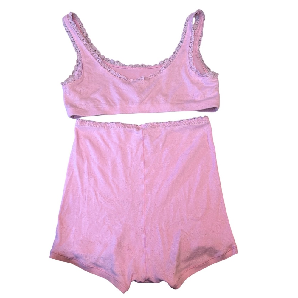 Skims Lace Trim Pointelle Knit Boxer Bra Lounge Set Pink Preppy Coquette Size M - Picture 4 of 5